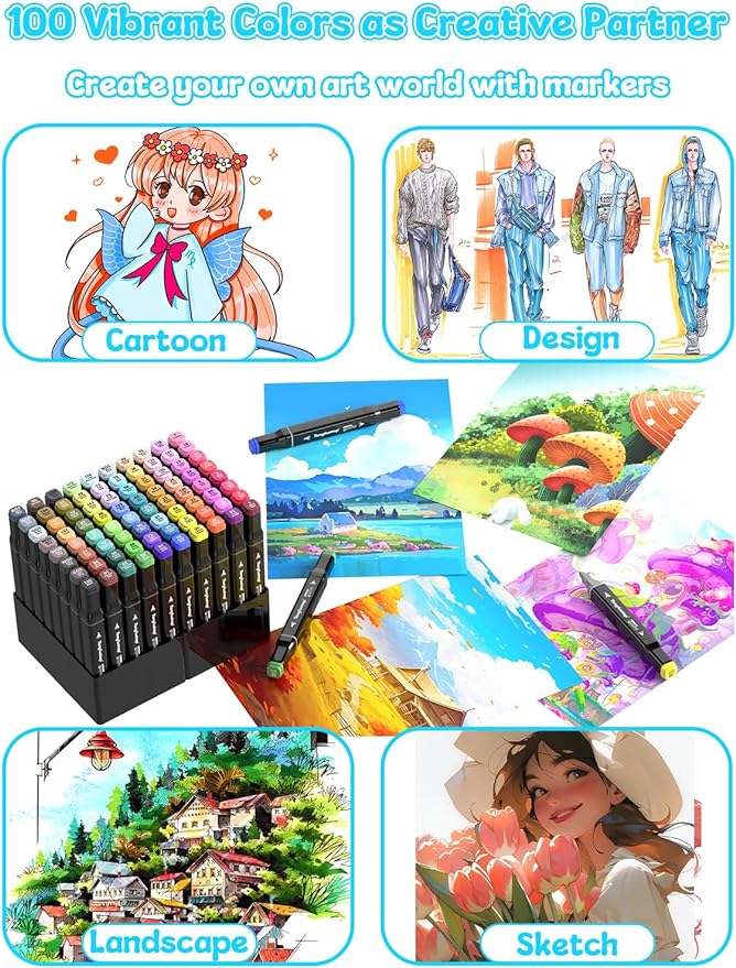 100 Felt Tip Pens, Marker Set, Twin Marker, Highlighter Pen Set for Students, Manga Design and Drawing, Sketching, Painting, Art Marker with Black Carry Bag and Spacer