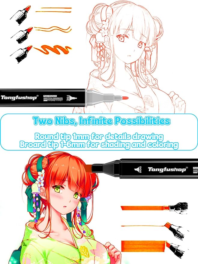 100 Felt Tip Pens, Marker Set, Twin Marker, Highlighter Pen Set for Students, Manga Design and Drawing, Sketching, Painting, Art Marker with Black Carry Bag and Spacer