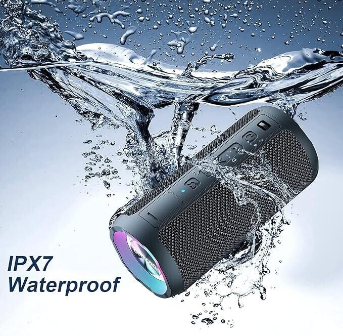 Bluetooth Lautsprecher mit Licht, Musikbox Tragbarer Bluetooth Box mit IPX7 wasserdicht, Dualen Bass-Treibern, 30h Akku, Freisprechfunktion für Phone, Draußen, Beidhändig Schwarz