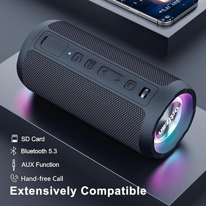 Bluetooth Lautsprecher mit Licht, Musikbox Tragbarer Bluetooth Box mit IPX7 wasserdicht, Dualen Bass-Treibern, 30h Akku, Freisprechfunktion für Phone, Draußen, Beidhändig Schwarz