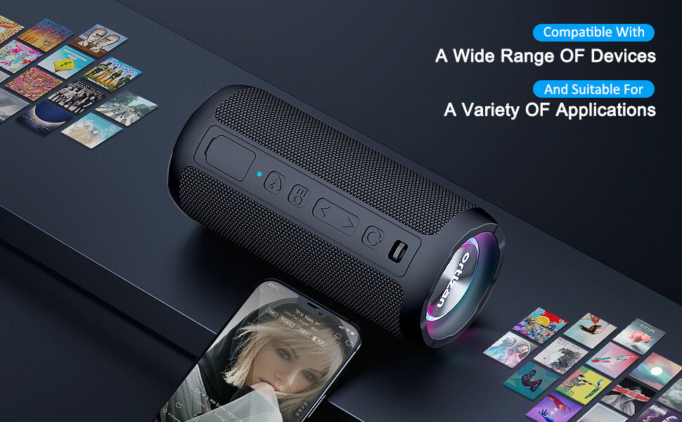 Bluetooth Lautsprecher mit Licht, Musikbox Tragbarer Bluetooth Box mit IPX7 wasserdicht, Dualen Bass-Treibern, 30h Akku, Freisprechfunktion für Phone, Draußen, Beidhändig Schwarz