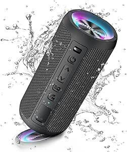 Bluetooth Lautsprecher mit Licht, Musikbox Tragbarer Bluetooth Box mit IPX7 wasserdicht, Dualen Bass-Treibern, 30h Akku, Freisprechfunktion für Phone, Draußen, Beidhändig Schwarz