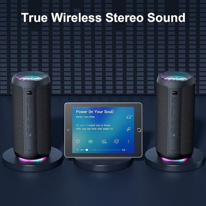 Bluetooth Lautsprecher mit Licht, Musikbox Tragbarer Bluetooth Box mit IPX7 wasserdicht, Dualen Bass-Treibern, 30h Akku, Freisprechfunktion für Phone, Draußen, Beidhändig Schwarz