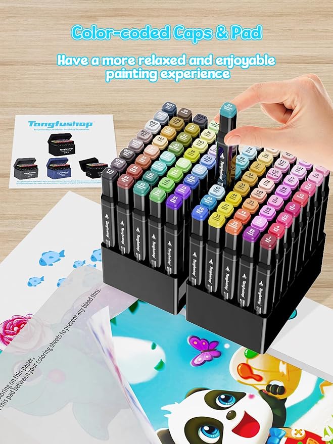 100 Felt Tip Pens, Marker Set, Twin Marker, Highlighter Pen Set for Students, Manga Design and Drawing, Sketching, Painting, Art Marker with Black Carry Bag and Spacer