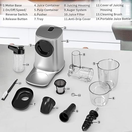 Vpcok Direct Slow Juicer Juicer Vegetable and Fruit with 2 Speeds & Reverse Function & Juice Jug & Cleaning Brush (Reusable), Black