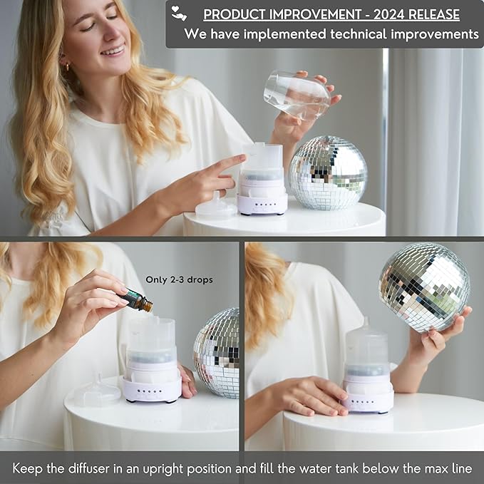 Disco Ball Diffuser Rotating - Aroma Diffuser Essential Oils, Cute Humidifier for Home and Office, Disco Balls Decoration, Disco Ball Diffuser, Silver