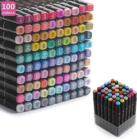 100 Felt Tip Pens, Marker Set, Twin Marker, Highlighter Pen Set for Students, Manga Design and Drawing, Sketching, Painting, Art Marker with Black Carry Bag and Spacer