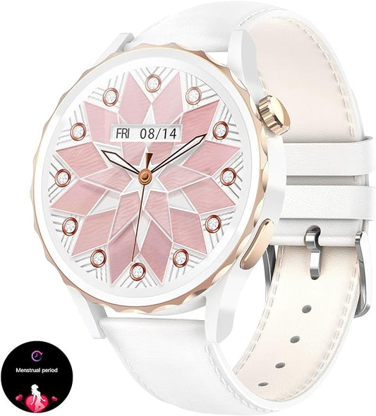 Smartwatch Damen mit Telefonfunktion Keramikgehäuse, Smart Watch Damenuhr mit Menstruationszyklus Herzfrequenz Schlafmonitor Musikkontrolle, 100+Sportmodi Wasserdicht Damen Smartwatch Android iOS