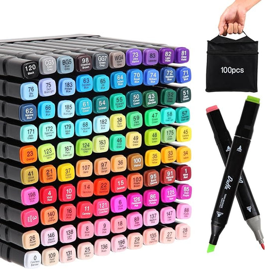 100 Felt Tip Pens, Marker Set, Twin Marker, Highlighter Pen Set for Students, Manga Design and Drawing, Sketching, Painting, Art Marker with Black Carry Bag and Spacer