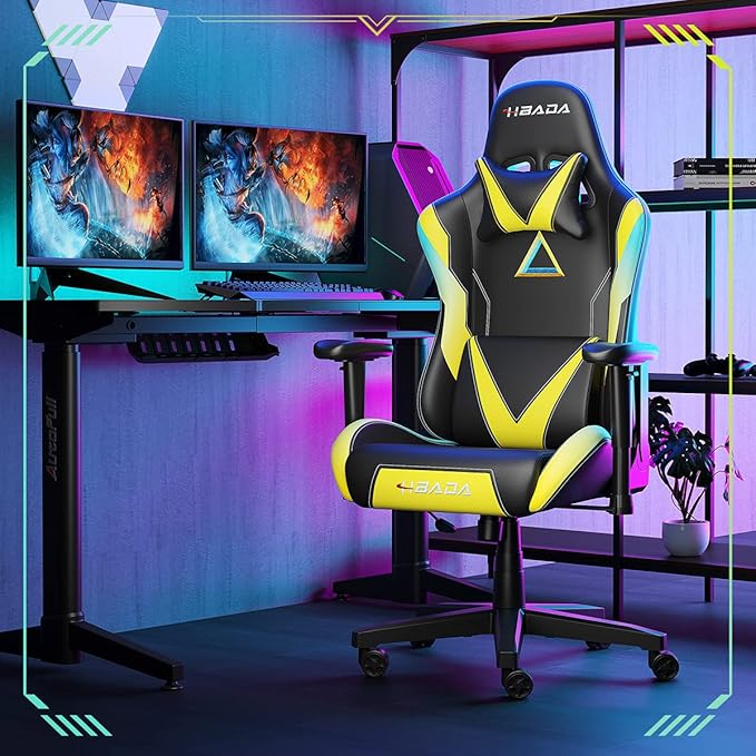 Hbada Gaming Chair, Faux Leather, Yellow, 27.5in x27.5in x50in