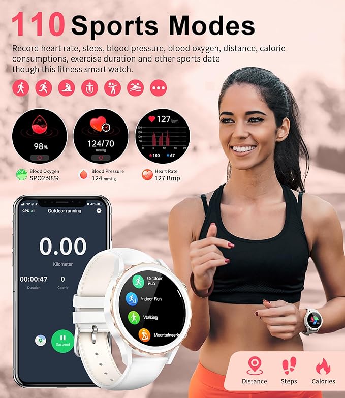 Smartwatch Damen mit Telefonfunktion Keramikgehäuse, Smart Watch Damenuhr mit Menstruationszyklus Herzfrequenz Schlafmonitor Musikkontrolle, 100+Sportmodi Wasserdicht Damen Smartwatch Android iOS