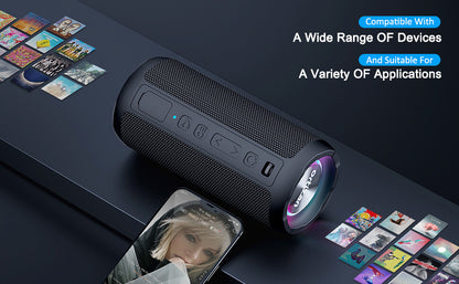 Bluetooth Lautsprecher mit Licht, Musikbox Tragbarer Bluetooth Box mit IPX7 wasserdicht, Dualen Bass-Treibern, 30h Akku, Freisprechfunktion für Phone, Draußen, Beidhändig Schwarz