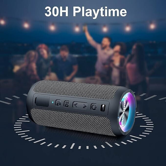 Bluetooth Lautsprecher mit Licht, Musikbox Tragbarer Bluetooth Box mit IPX7 wasserdicht, Dualen Bass-Treibern, 30h Akku, Freisprechfunktion für Phone, Draußen, Beidhändig Schwarz