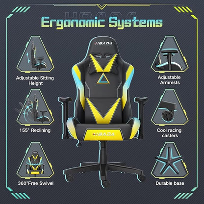 Hbada Gaming Chair, Faux Leather, Yellow, 27.5in x27.5in x50in