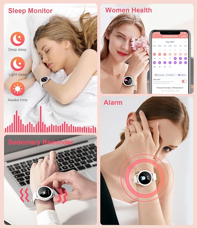 Smartwatch Damen mit Telefonfunktion Keramikgehäuse, Smart Watch Damenuhr mit Menstruationszyklus Herzfrequenz Schlafmonitor Musikkontrolle, 100+Sportmodi Wasserdicht Damen Smartwatch Android iOS