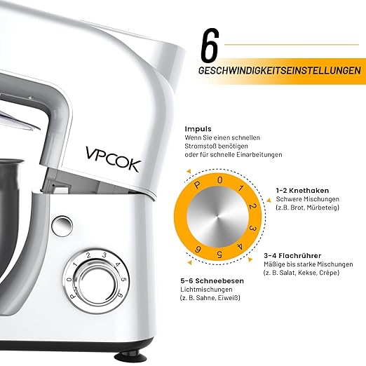 Vpcok Direct Küchenmaschine Knetmaschine 6 Geschwindigkeit Küchenmaschine Rührmaschine multifunktional mit Edelstahlschüssel Teigknetmaschine mit Rührbesen, Knethaken, Schlagbesen