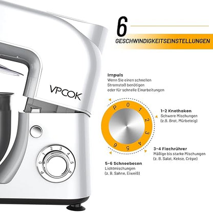 Vpcok Direct Küchenmaschine Knetmaschine 6 Geschwindigkeit Küchenmaschine Rührmaschine multifunktional mit Edelstahlschüssel Teigknetmaschine mit Rührbesen, Knethaken, Schlagbesen