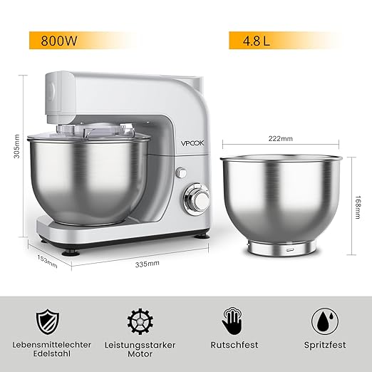 Vpcok Direct Küchenmaschine Knetmaschine 6 Geschwindigkeit Küchenmaschine Rührmaschine multifunktional mit Edelstahlschüssel Teigknetmaschine mit Rührbesen, Knethaken, Schlagbesen