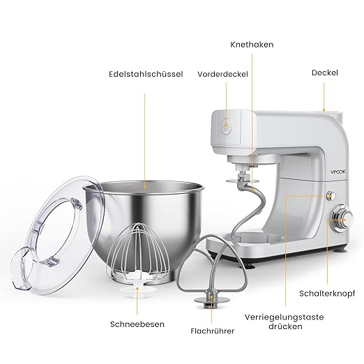 Vpcok Direct Küchenmaschine Knetmaschine 6 Geschwindigkeit Küchenmaschine Rührmaschine multifunktional mit Edelstahlschüssel Teigknetmaschine mit Rührbesen, Knethaken, Schlagbesen