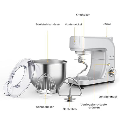 Vpcok Direct Küchenmaschine Knetmaschine 6 Geschwindigkeit Küchenmaschine Rührmaschine multifunktional mit Edelstahlschüssel Teigknetmaschine mit Rührbesen, Knethaken, Schlagbesen