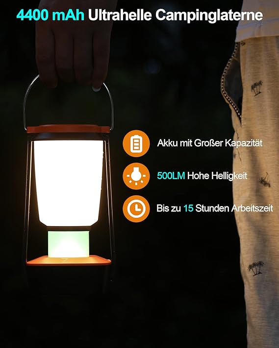 Solar Campinglampe Wiederaufladbare 4400mAh Batteriebetrieben,Tragbar Ultrahelle 500 LM Notfallleuchte & 4 Lichtmodi,7 Colored RGB Nachtlicht,Outdoor Akku Laternen für Zelt,Stromausfällen,Überlebens