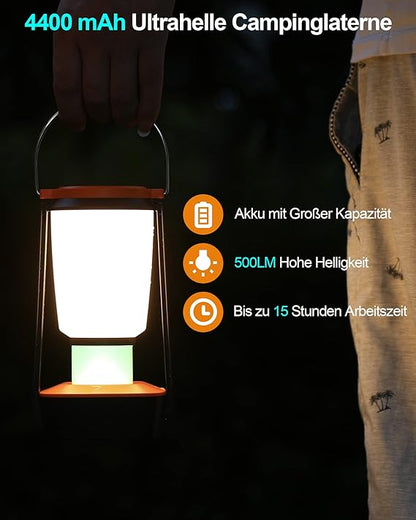 Solar Campinglampe Wiederaufladbare 4400mAh Batteriebetrieben,Tragbar Ultrahelle 500 LM Notfallleuchte & 4 Lichtmodi,7 Colored RGB Nachtlicht,Outdoor Akku Laternen für Zelt,Stromausfällen,Überlebens