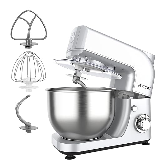 Vpcok Direct Küchenmaschine Knetmaschine 6 Geschwindigkeit Küchenmaschine Rührmaschine multifunktional mit Edelstahlschüssel Teigknetmaschine mit Rührbesen, Knethaken, Schlagbesen
