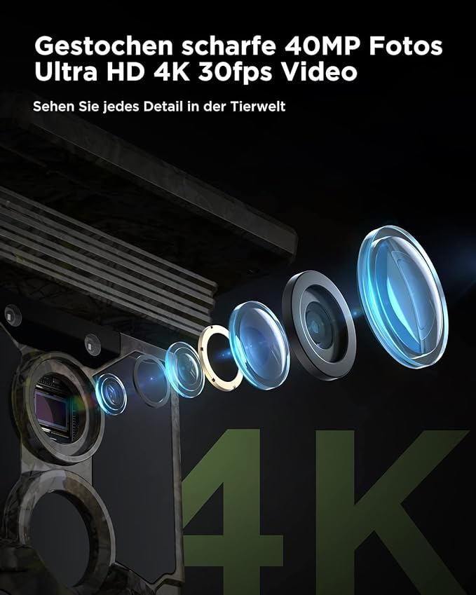 Solar Wildkamera 4K 30fps, 46MP Wildkamera WLAN Bluetooth, 120° Erfassungs Winkel Bewegungsmelder Nachtsicht IP66 Wasserdicht für Wildtier Überwachung mit U3 32GB Micro SD-Karte
