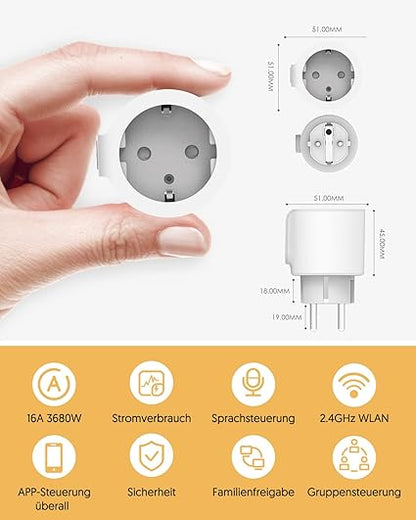 WLAN Steckdose mit Strommessung - Alexa Steckdose 4er Pack 16A mit Zeitplan und Überlastschutz, Smart Home Steckdosen kompatibel mit Alexa Echo und Echo Dot, Google Home SmartThings