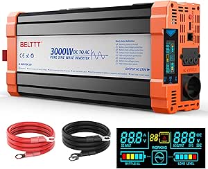 Wechselrichter Spannungswandler 12V auf 230V Reiner Sinus Wechselrichter 3000W Inverter mit EU Steckdosen,USB Ausgang und LCD-Anzeige für Kfz LKW Camping Notfall Haushaltsgeräten