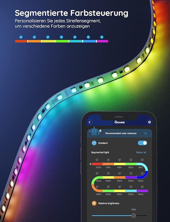LED Strip, RGBIC LED Streifen 10m, Musik Sync, Segmentcontrol, Farbwechsel, 64 Szenenmodus, Steuerbar via App, für Party, Zuhause, Schlafzimmer, TV, 10M [Energieklasse G]