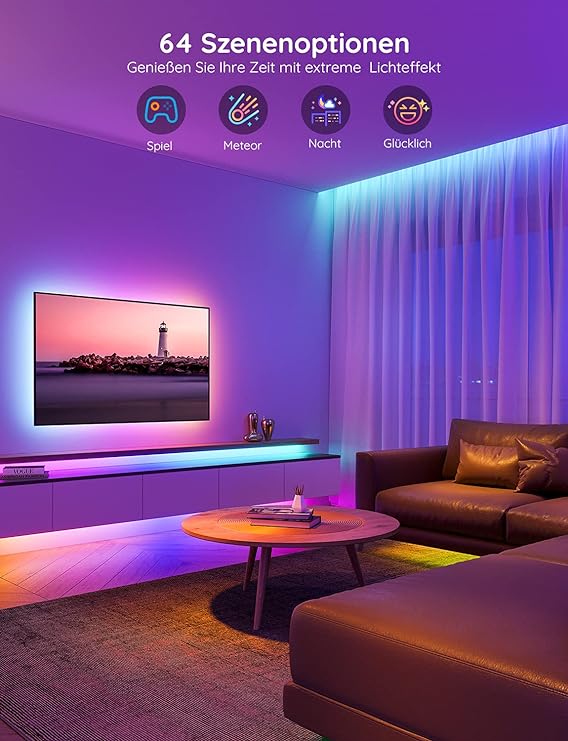 LED Strip, RGBIC LED Streifen 10m, Musik Sync, Segmentcontrol, Farbwechsel, 64 Szenenmodus, Steuerbar via App, für Party, Zuhause, Schlafzimmer, TV, 10M [Energieklasse G]