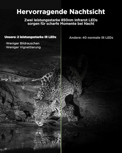 Solar Wildkamera 4K 30fps, 46MP Wildkamera WLAN Bluetooth, 120° Erfassungs Winkel Bewegungsmelder Nachtsicht IP66 Wasserdicht für Wildtier Überwachung mit U3 32GB Micro SD-Karte