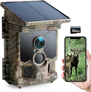 Solar Wildkamera 4K 30fps, 46MP Wildkamera WLAN Bluetooth, 120° Erfassungs Winkel Bewegungsmelder Nachtsicht IP66 Wasserdicht für Wildtier Überwachung mit U3 32GB Micro SD-Karte