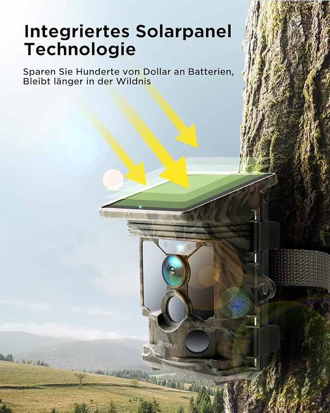 Solar Wildkamera 4K 30fps, 46MP Wildkamera WLAN Bluetooth, 120° Erfassungs Winkel Bewegungsmelder Nachtsicht IP66 Wasserdicht für Wildtier Überwachung mit U3 32GB Micro SD-Karte
