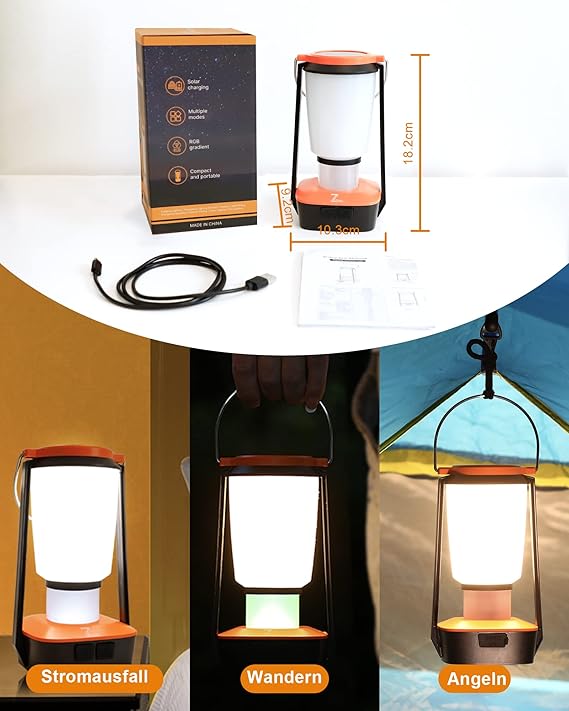 Solar Campinglampe Wiederaufladbare 4400mAh Batteriebetrieben,Tragbar Ultrahelle 500 LM Notfallleuchte & 4 Lichtmodi,7 Colored RGB Nachtlicht,Outdoor Akku Laternen für Zelt,Stromausfällen,Überlebens