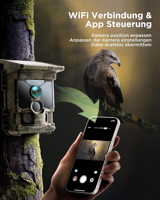 Solar Wildkamera 4K 30fps, 46MP Wildkamera WLAN Bluetooth, 120° Erfassungs Winkel Bewegungsmelder Nachtsicht IP66 Wasserdicht für Wildtier Überwachung mit U3 32GB Micro SD-Karte