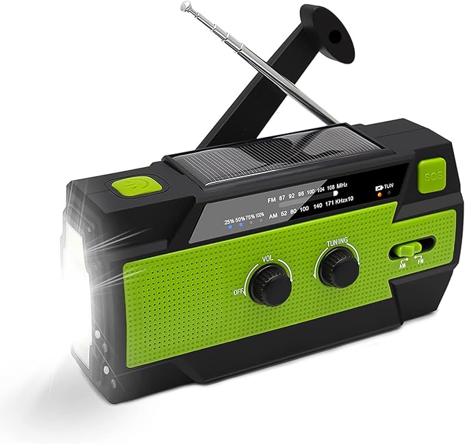 5in1 Solar Kurbelradio, AM/FM, USB, 4000 mAh Powerbank, LED Taschenlampe, Leselampe SOS-Alarm, Bewegungsmelder, Dynamo Kurbel Radio Weltempfänger Notfallradio für Camping