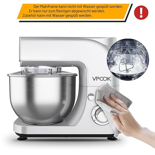 Vpcok Direct Küchenmaschine Knetmaschine 6 Geschwindigkeit Küchenmaschine Rührmaschine multifunktional mit Edelstahlschüssel Teigknetmaschine mit Rührbesen, Knethaken, Schlagbesen