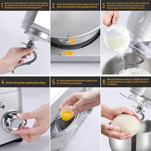 Vpcok Direct Küchenmaschine Knetmaschine 6 Geschwindigkeit Küchenmaschine Rührmaschine multifunktional mit Edelstahlschüssel Teigknetmaschine mit Rührbesen, Knethaken, Schlagbesen