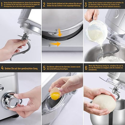 Vpcok Direct Küchenmaschine Knetmaschine 6 Geschwindigkeit Küchenmaschine Rührmaschine multifunktional mit Edelstahlschüssel Teigknetmaschine mit Rührbesen, Knethaken, Schlagbesen