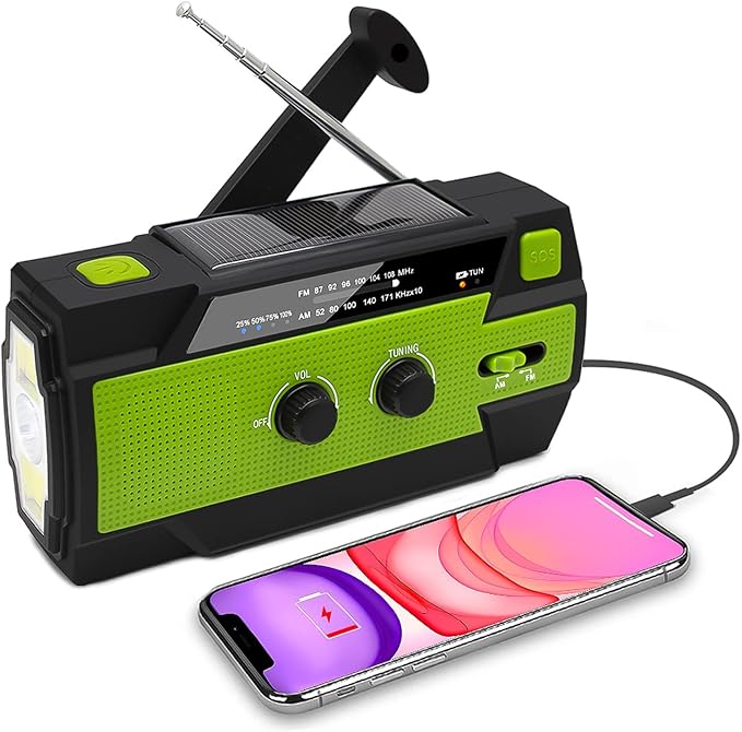 5in1 Solar Kurbelradio, AM/FM, USB, 4000 mAh Powerbank, LED Taschenlampe, Leselampe SOS-Alarm, Bewegungsmelder, Dynamo Kurbel Radio Weltempfänger Notfallradio für Camping