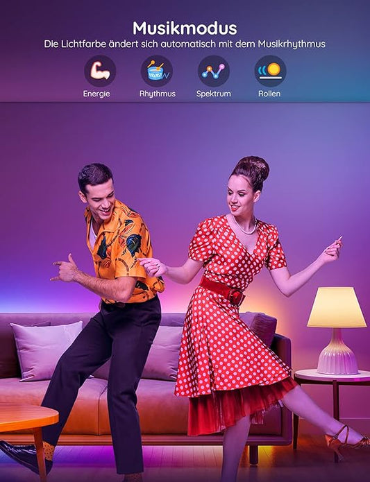 LED Strip, RGBIC LED Streifen 10m, Musik Sync, Segmentcontrol, Farbwechsel, 64 Szenenmodus, Steuerbar via App, für Party, Zuhause, Schlafzimmer, TV, 10M [Energieklasse G]