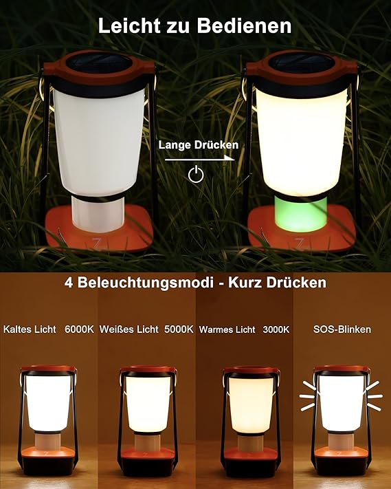 Solar Campinglampe Wiederaufladbare 4400mAh Batteriebetrieben,Tragbar Ultrahelle 500 LM Notfallleuchte & 4 Lichtmodi,7 Colored RGB Nachtlicht,Outdoor Akku Laternen für Zelt,Stromausfällen,Überlebens