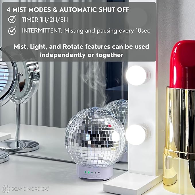 Disco Ball Diffuser Rotating - Aroma Diffuser Essential Oils, Cute Humidifier for Home and Office, Disco Balls Decoration, Disco Ball Diffuser, Silver