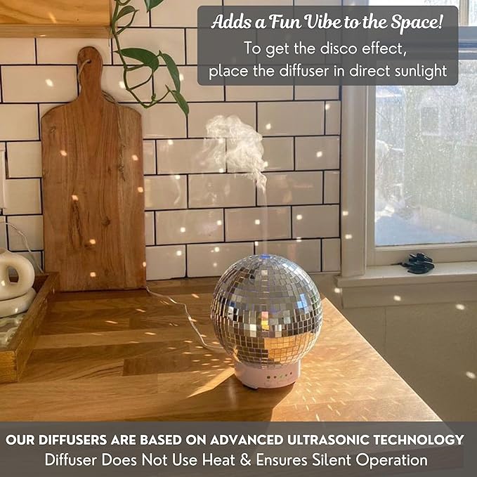 Disco Ball Diffuser Rotating - Aroma Diffuser Essential Oils, Cute Humidifier for Home and Office, Disco Balls Decoration, Disco Ball Diffuser, Silver